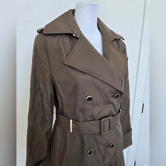 Calvin Klein Womens trench jacket coat Sz S brown button down, waist belt - Picture 2 of 8